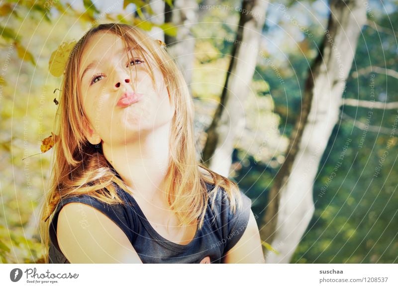 forest fairy .. Child Girl Head Hair and hairstyles Face Eyes Nose Pout Forest Leaf Tree trunk Nature Exterior shot Autumn Autumn leaves Automn wood Sunlight