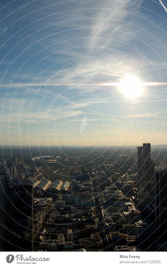 Frankfurt Horizon I Town Main Vapor trail High-rise Sky Sun Blue Train station