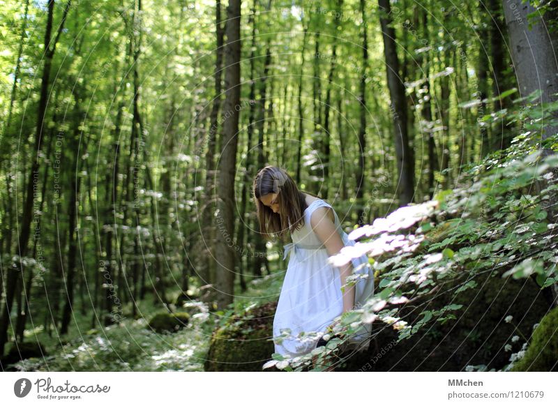 look here Trip Adventure Feminine Child Girl 8 - 13 years Infancy Nature Tree Forest Rock Dress Observe Stand Green White Serene Calm Dream Innocent MM Fairy