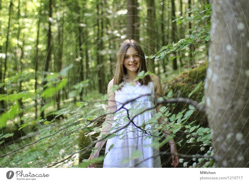 :) Child Girl 1 Human being 8 - 13 years Infancy Nature Summer Tree Park Forest Dress Long-haired Smiling Laughter Looking Stand Friendliness Happiness