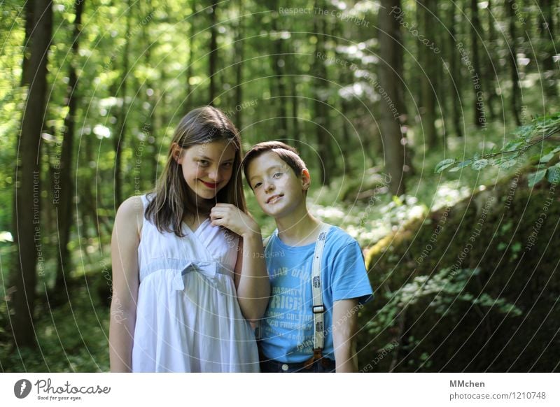 charming Masculine Feminine Girl Boy (child) Brothers and sisters Infancy 2 Human being 8 - 13 years Child Nature Summer Beautiful weather Tree Forest