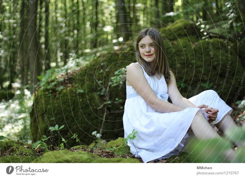 What am I waiting for? Trip Adventure Girl Infancy 1 Human being 8 - 13 years Child Nature Forest Rock Dress Observe Relaxation Sit Wait Beautiful Green White