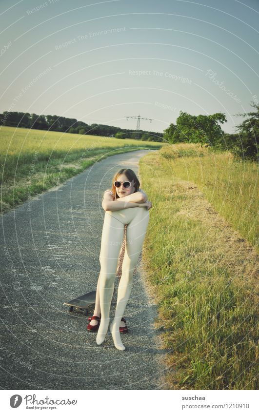 pause .... Nature Exterior shot Summer Lanes & trails Grass Child Girl Dress Sunglasses Mannequin Legs Abdomen Lift Carrying Infancy Parenting Whimsical Strange