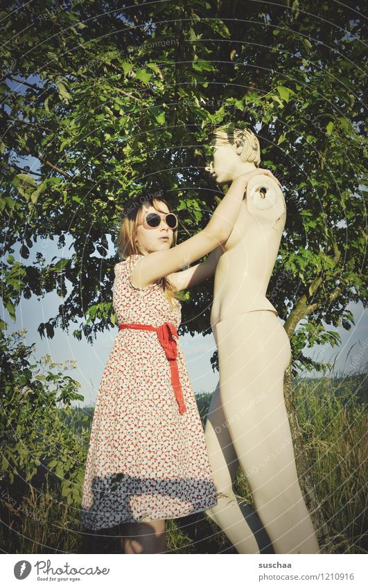 the doll .... Exterior shot Nature Tree Grass Summer Mannequin Naked no poor Child Dress Sunglasses Infancy playfulness Friendship Whimsical Strange adolescence