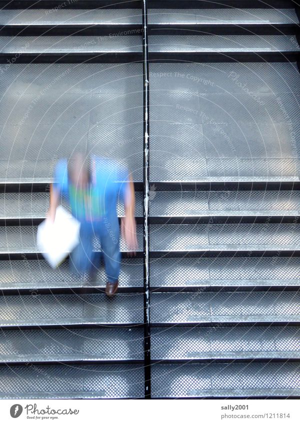 rush hour Human being Young man Youth (Young adults) 1 Stairs Banister Movement Running Speed Athletic Under Blue Life Stress Effort Resolve Town T-shirt Jeans