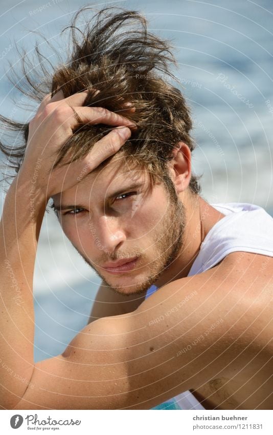 a beach portrait Hair and hairstyles Summer Summer vacation Sun Sunbathing Beach Ocean Young man Youth (Young adults) 1 Human being 18 - 30 years Adults