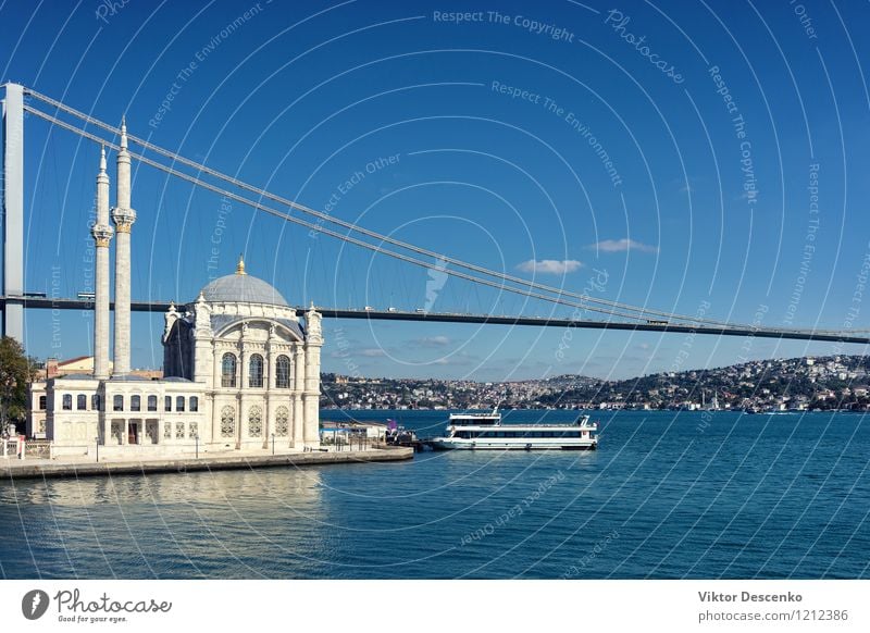 Mosque and the bridge on the Bosphorus Strait Vacation & Travel Summer Ocean Sky Town Palace Bridge Building Architecture Ferry Watercraft Religion and faith