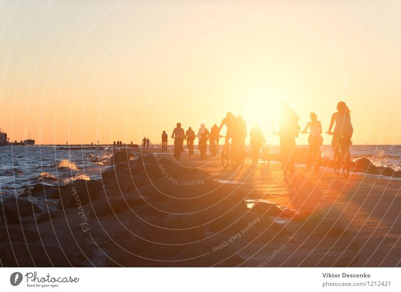 Cyclists ride along the causeway to the sea towards the sun Lifestyle Relaxation Leisure and hobbies Vacation & Travel Summer Sun Beach Ocean Sports Human being