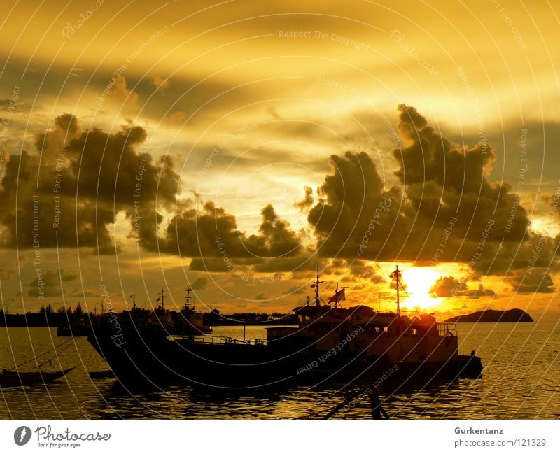 gold harbour Watercraft Coast Ocean Clouds Malaya Sunset Asia Harbour Sky Beach Gold evening mood Borneo kota kinabalu