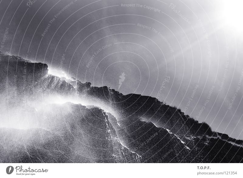 Waterfall I Drops of water Canton Wallis Switzerland Back-light Brook Inject Wet Black & white photo River Sun suone Nature Landscape Rock Fog