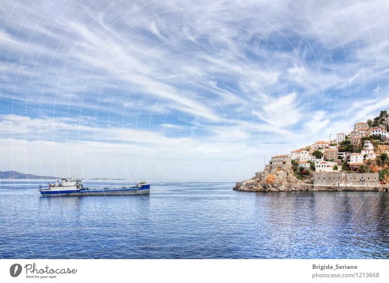 Hydra island and ship in Greece Beautiful Vacation & Travel Beach Ocean Island Landscape Clouds Coast Village Small Town Watercraft Bright Blue Brown White Ydra