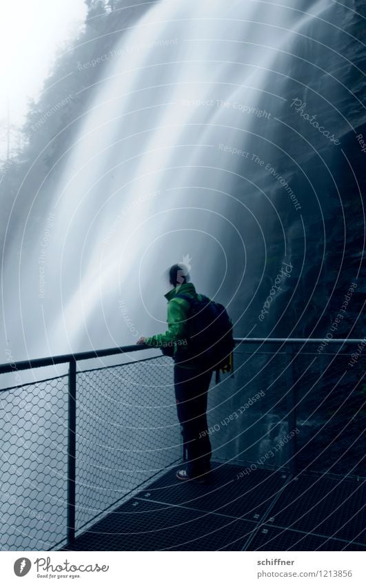 curtain show Human being Masculine 1 Environment Nature Landscape Water Bad weather Rock Alps Waterfall Dark Hiking Hiking trip Looking Stand Vantage point