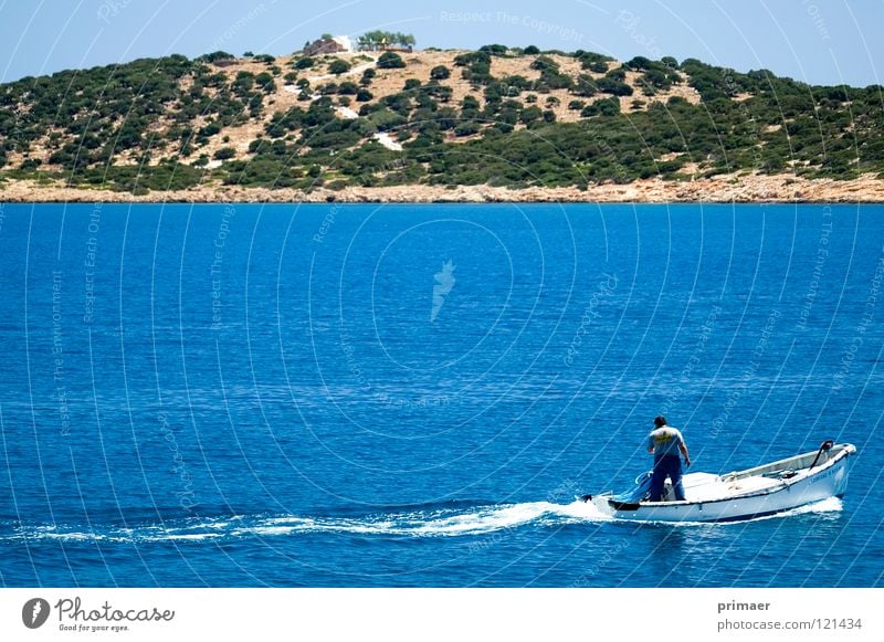 island boat Ocean Sky blue Waves Far-off places Loneliness Slowly Calm Beach Coast Grief Caresses Europe Exterior shot Landscape Watercraft Motorboat Tree Green