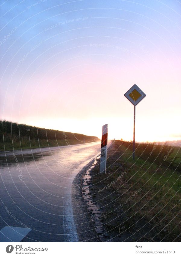 Street in the evening Wet Signs and labeling Country road Sunset Evening Reflection Main street Sky Traffic infrastructure Bright Dusk Rain Americas Blue