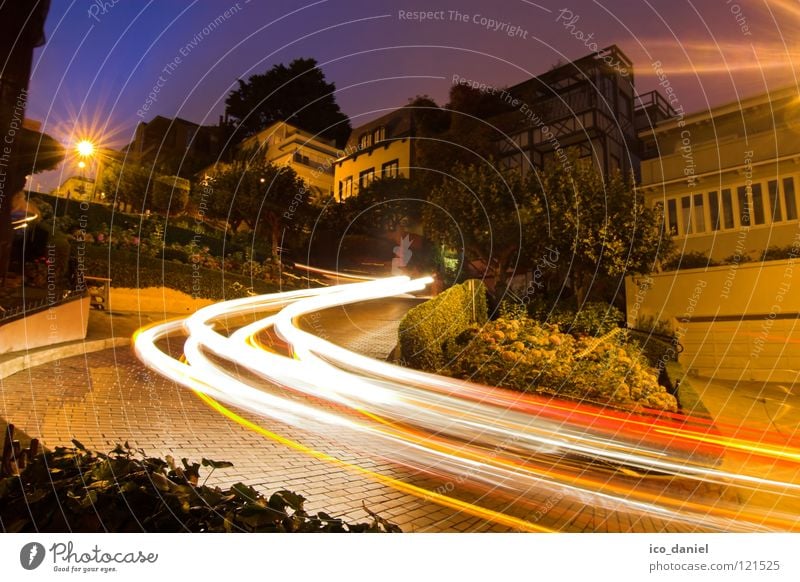 Lombard Street @ Russian Hill Lombard st. San Francisco California Steep Long exposure Curve Winding road Night Flower Back-light SF USA West Coast