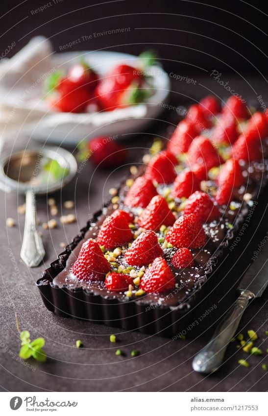 Chocolate Strawberry Tart tart Cake Baked goods Fruit Red To enjoy Dessert Dish Eating Food photograph Dark Sweet Delicious Summer Calorie Mint Nut Decoration