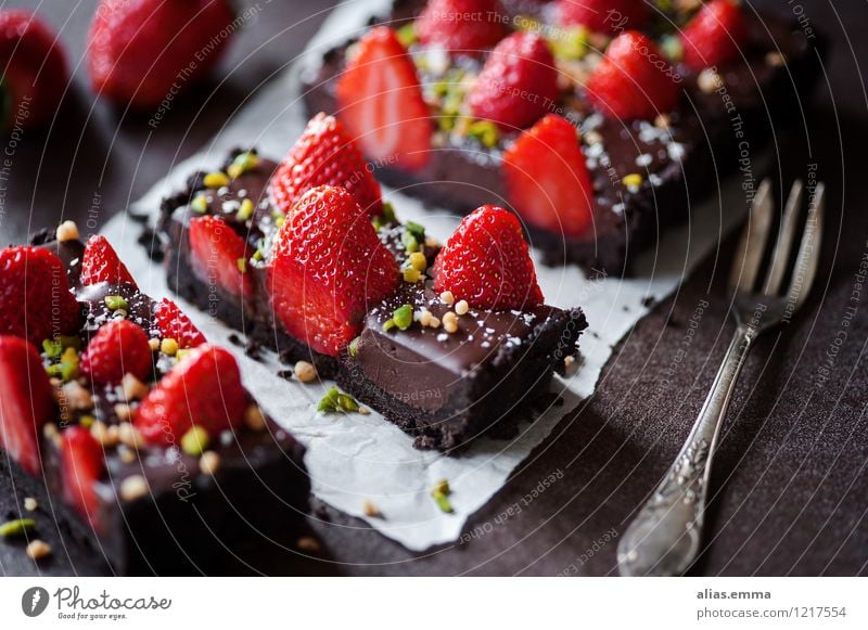 Chocolate Strawberry Tart II tart Cake Baked goods Fruit Red To enjoy Dessert Dish Eating Food photograph Dark Sweet Delicious Summer Calorie Mint Nut