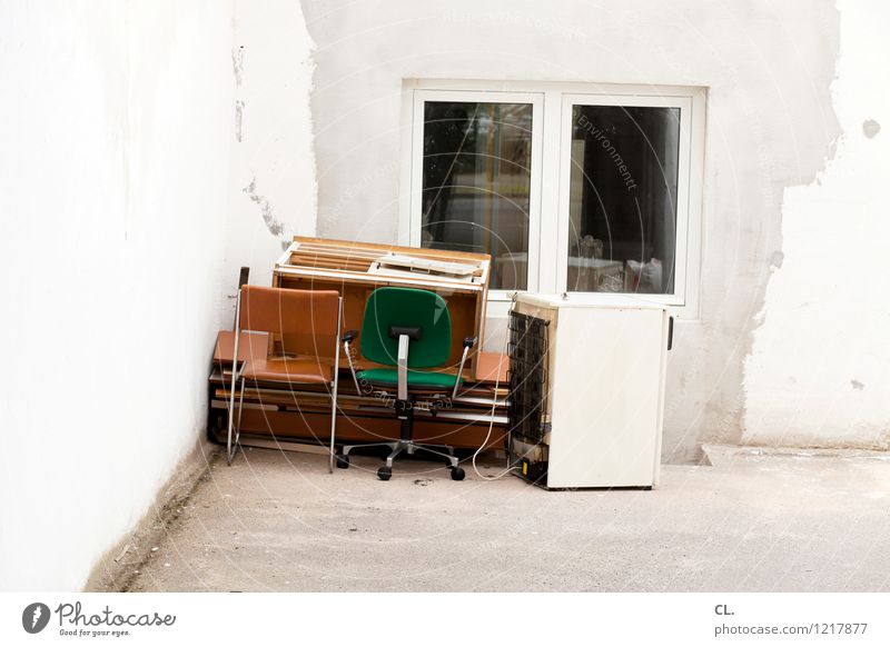 bulky refuse Furniture Chair Wall (barrier) Wall (building) Window Trash Old Decline Colour photo Exterior shot Deserted Day