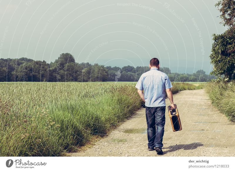 leaving home 3 Vacation & Travel Summer Hiking Masculine Man Adults Body 1 Human being 30 - 45 years Nature Landscape Horizon Sun Beautiful weather Tree Bushes