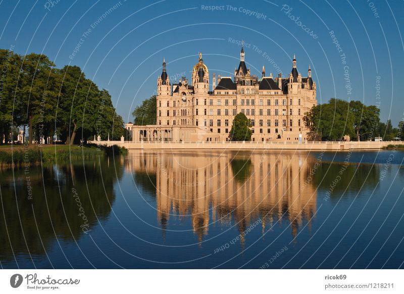 castle Calm Tree Lake Capital city Deserted Castle Building Architecture Tourist Attraction Landmark Historic Blue Green Idyll Lock Schwerin