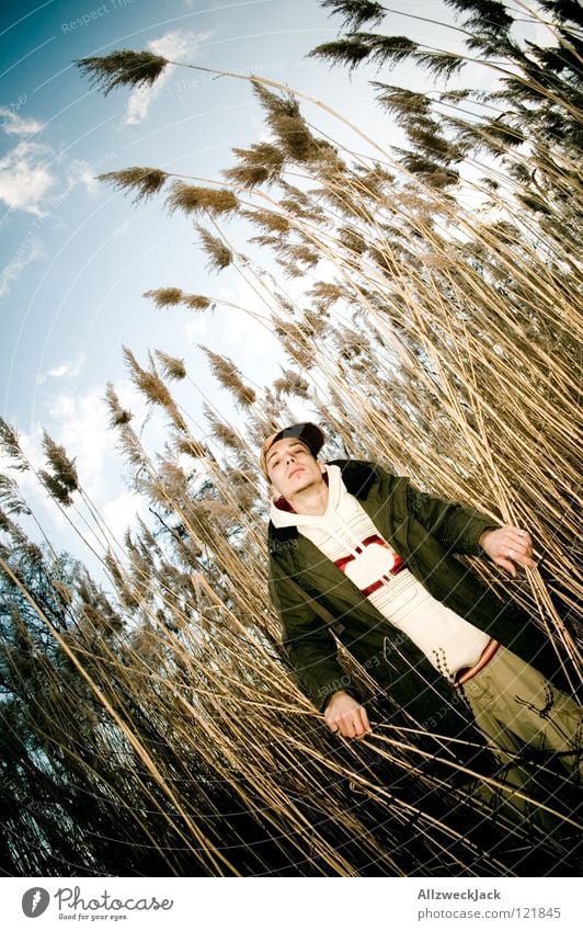 The man from the reeds Man Fisheye Common Reed Curved Breeze Clouds Cold January February Winter To go for a walk Looking Posture Arrogant Illusion Important