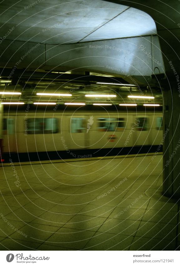 transit theatre Underground Mobility Station Empty Neon light Cold Concrete Column Railroad Interior shot Train station Light Tile impersonality Motion blur