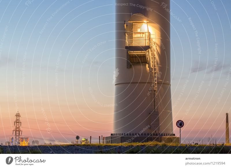 The Door is up there Technology Wind energy plant Landscape Sky Cloudless sky Night sky Summer Grass Hamburg Town Outskirts Deserted Industrial plant Tower