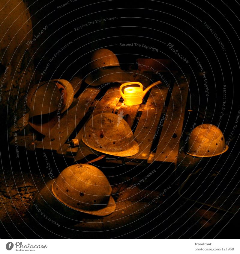 helmet on Cottbus Germany Jug Long exposure Shift work Decline Watering can Dirty Absurd Night Dark Wood Brown Still Life Yellow Construction worker Helmet