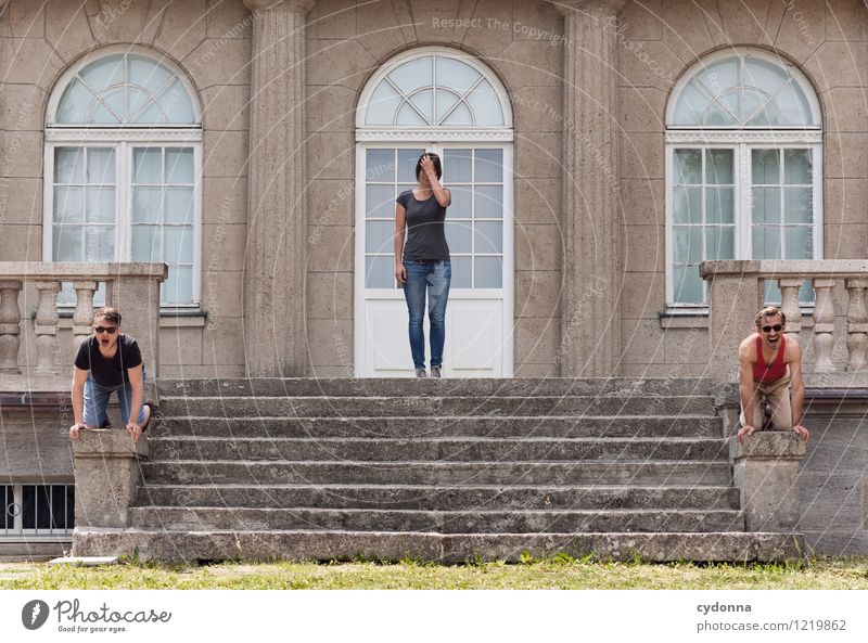 Acceptable Lifestyle Human being Young woman Youth (Young adults) Young man 3 Group 18 - 30 years Adults Sculpture Culture Architecture Stairs Facade Window