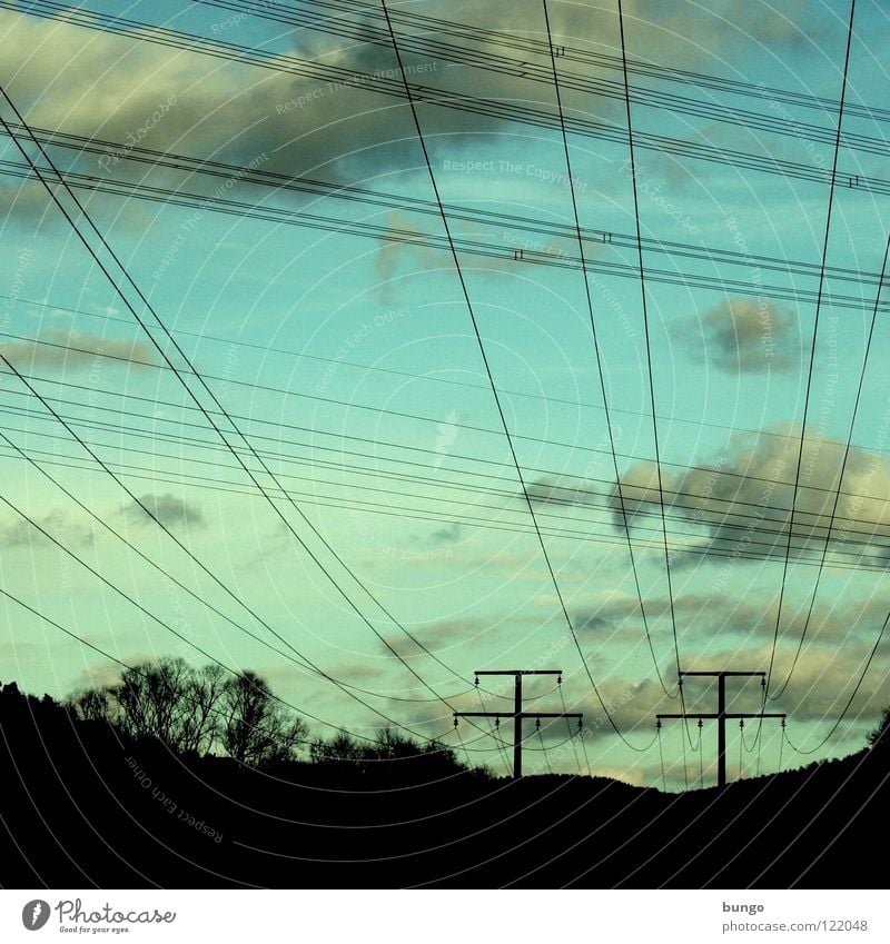 as the crow flies Clouds Fog Sunset Sunrise Multicoloured Beautiful Calm Relaxation Hope Light Peace Moody Morning Dusk Air Green Yellow Electricity pylon