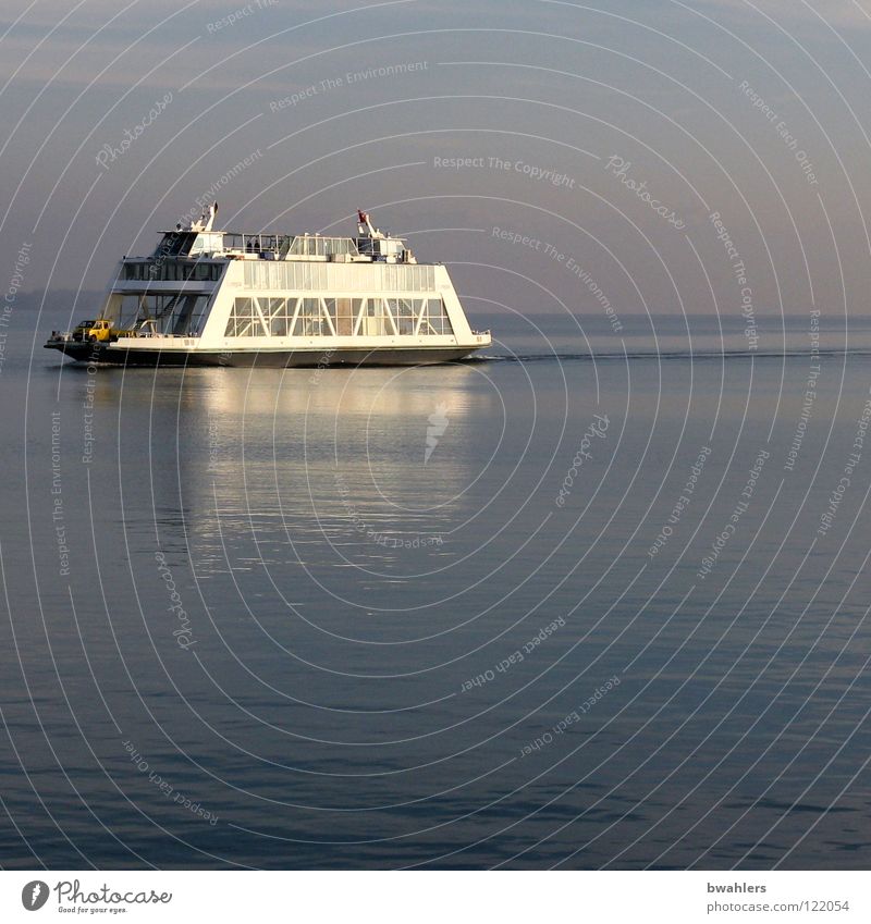 quiet of the evening Watercraft Ferry Lake Gray Calm Waves Surface of water Driving Navigation Lake Constance Blue Sun Reflection Evening Sky