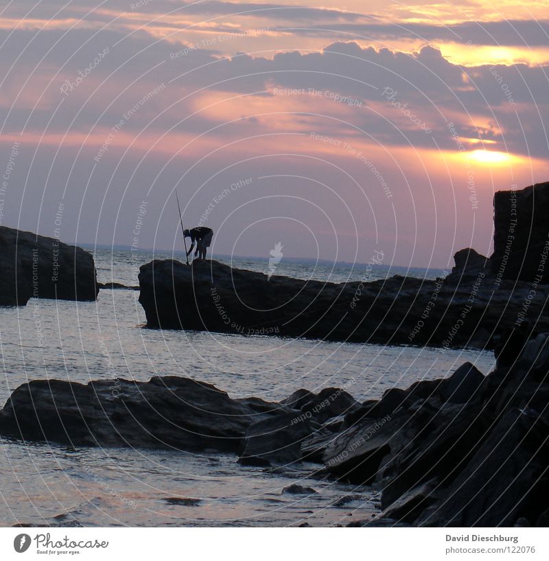 The lonely angler #I Trip Summer Beach Ocean Vacation & Travel Yellow Black Reef Reflection France Coast Clouds Sea water Angler Fishing (Angle) Fishing rod