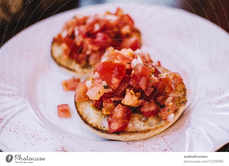 Summer. Food Fruit Bread Herbs and spices Nutrition Eating Lunch Vegetarian diet Italian Food Crockery Plate Relaxation To enjoy Delicious bruschetta Tomato