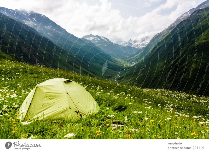 campsite Trip Adventure Camping Summer Mountain Hiking Nature Landscape Sky Clouds Climate Weather Grass Meadow Hill Alps Snowcapped peak Switzerland Deserted