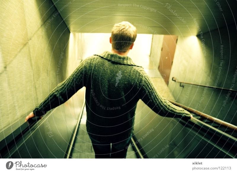 underground Man Green Transport Stairs Blonde Germany Munich Town Stress Running Tunnel Escalator Downward Driving To hold on Dark Contrast Shadow Sweater