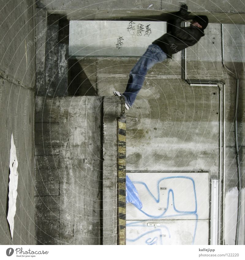 sleeping position Man Silhouette Thief Criminal Ramp Loading ramp Pedestrian Shaft Tunnel Subsoil Outbreak Escape Tumble down Window Parking garage Light