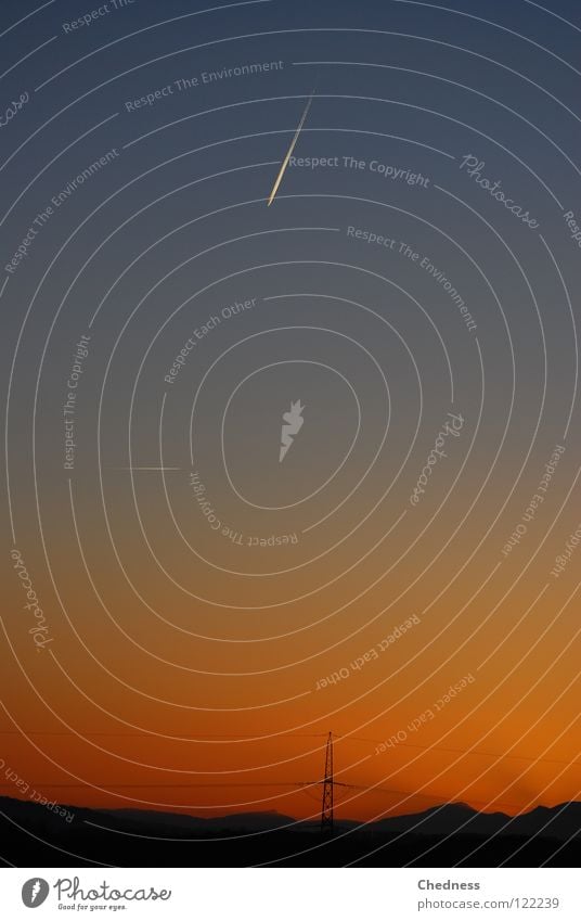 high voltage dawn High voltage power line Electricity Silhouette Vapor trail Airplane Far-off places Embers High-power current Twilight Glow Sky Colour Shadow