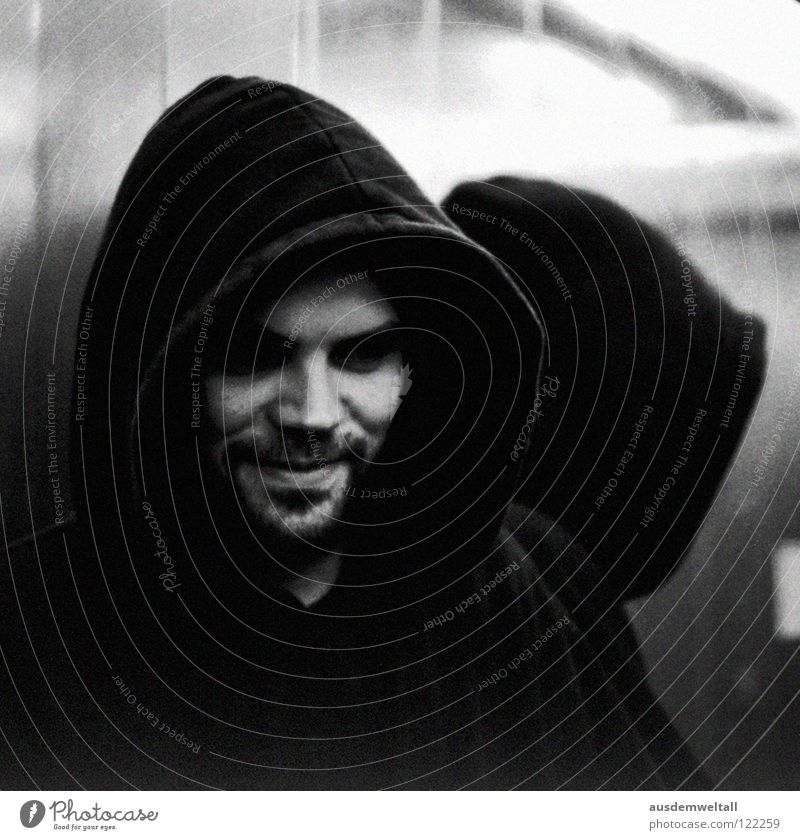 ::Shizophrenia:: Masculine Portrait photograph Mirror Dark Mystic Hooded (clothing) Black Facial hair Elevator Light Analog Human being Emotions Face