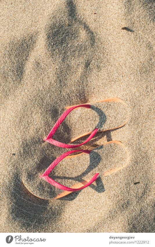 Pink sandals on the beach in the sand Relaxation Leisure and hobbies Vacation & Travel Tourism Summer Sun Beach Ocean Nature Sand Fashion Footwear Flip-flops