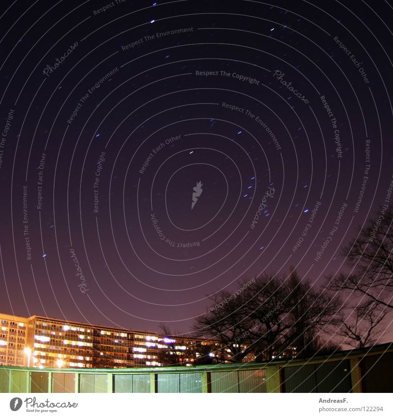 night sky Stars Twilight Night Planet House (Residential Structure) Town Block Tower block Prefab construction Cottbus Roof Garage Night shot Sky Violet