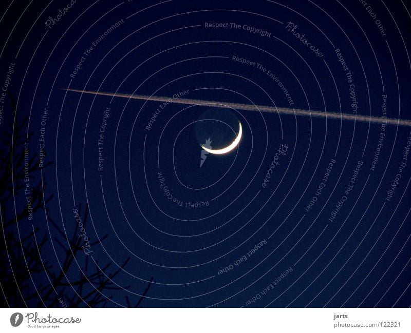 night flight Airplane Late flight Night Half moon Full  moon Aviation Celestial bodies and the universe Moon sickle strip condensation Sky jarts new moon