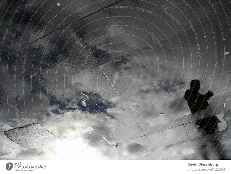 Glass bottom I Man Grid Black Transparent Frankfurt Main Places Marketplace Reflection Puddle Clouds Water Train station Floor covering glass bottom Human being