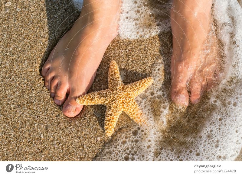 Starfish and feet on the beach Design Body Relaxation Vacation & Travel Summer Sun Beach Ocean Human being Girl Woman Adults Feet Nature Sand Coast Blue water