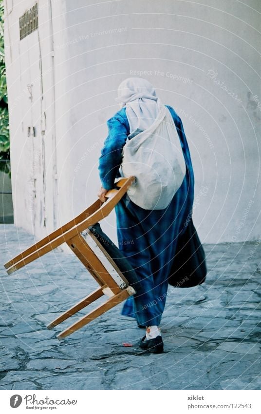 marocco Vacation & Travel Woman Scarf Headscarf Chair Walking Morocco Moslem Blue Carrying Dress Bag Back Tradition Belief Tunic Africans Folklore Envelop