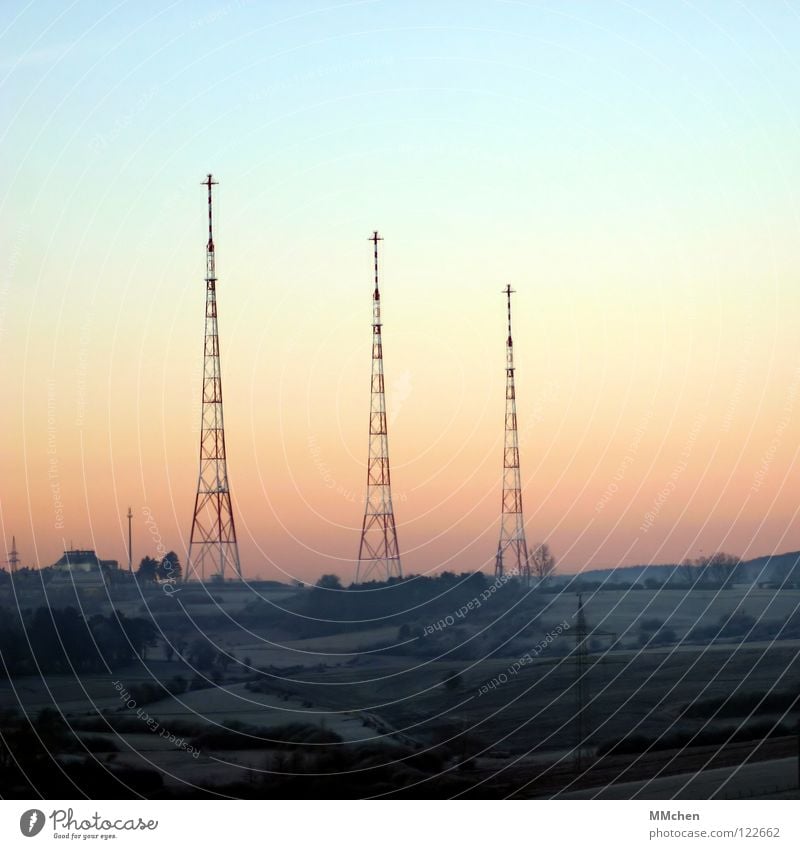 funky Transmitting station Television Pastel tone Sky blue Pink Green Gray Dark 3 Tree Bushes Field Vantage point Cold Sunrise Media Communicate Landscape Tower