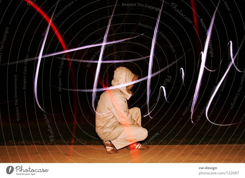 I L L usion II Long exposure Lightning Lamp Field Sidewalk Footpath Masculine Posture Characters Symbols and metaphors Crouch Dark Lighting Night shot