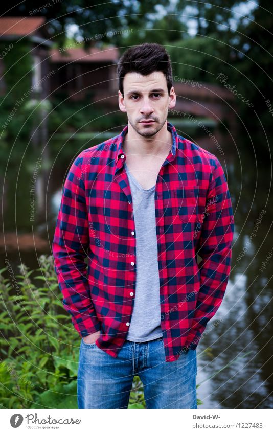 lumberjack look Style Human being Masculine Young man Youth (Young adults) Man Adults Life 1 Nature Park Lakeside Shirt Brunette Observe Looking Checkered