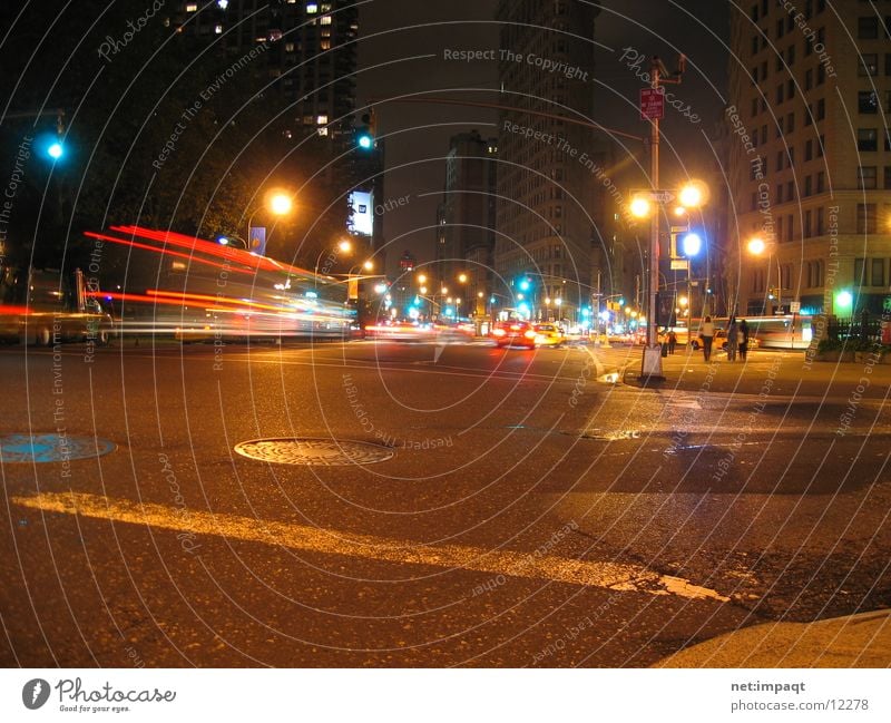 Flatiron @ night New York City Night Lamp Light Traffic light Exposure Manhattan North America Flatiron Building Street Movement Car