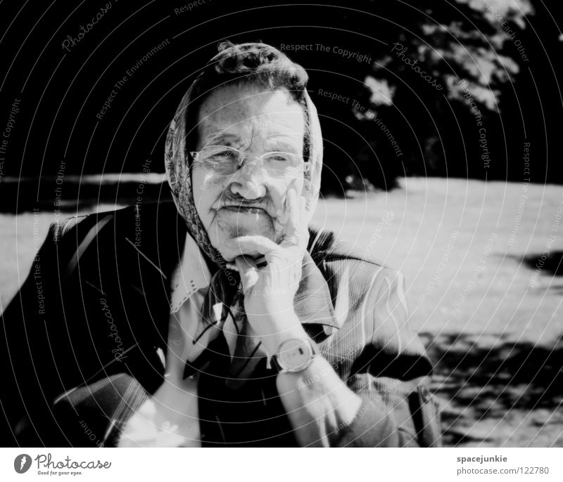 In the garden Portrait photograph Woman Grandmother Mother Summer Think Thought Black & white photo Trust Old Garden Nature