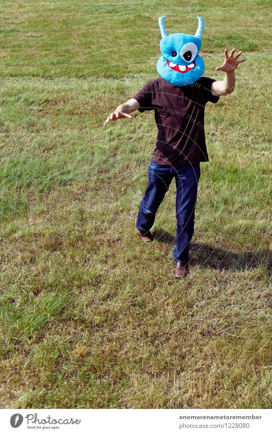 Better Run! Art Work of art Adventure Esthetic Attack Aggressive Frontal Running Walking Zombie Alarming Threat Blue Mask Masculine Grasp Meadow Funny Joy